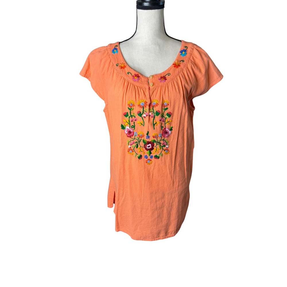 Embroidered Designs Orange Cotton Floral Blouse Top Handcrafted Guatemala Size L